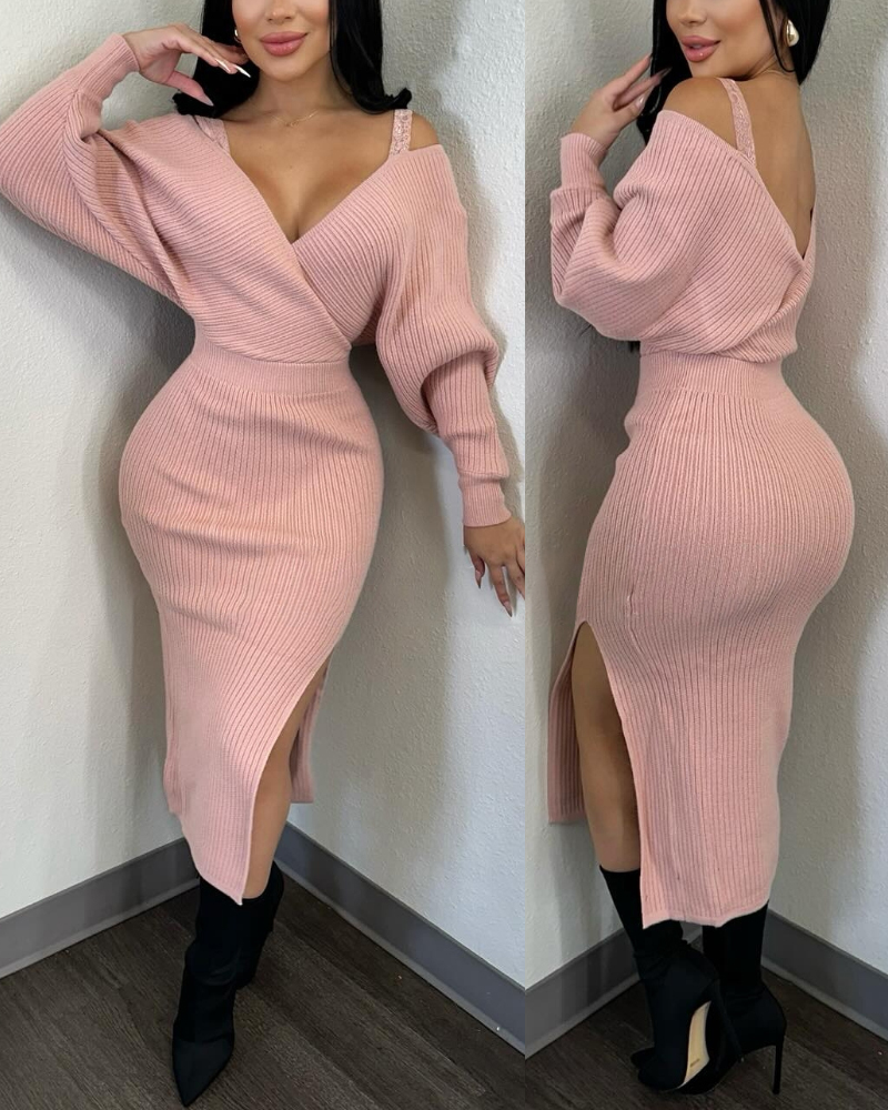 

Plunge Thick Strap Lace Slim Fit Slit Dress, Pink