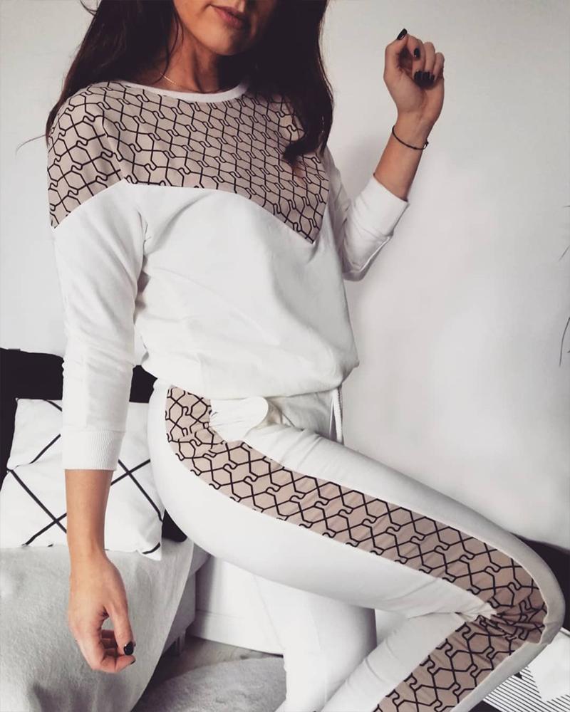 

Geo Print Patchwork Top & Drawstring Pants Set, White