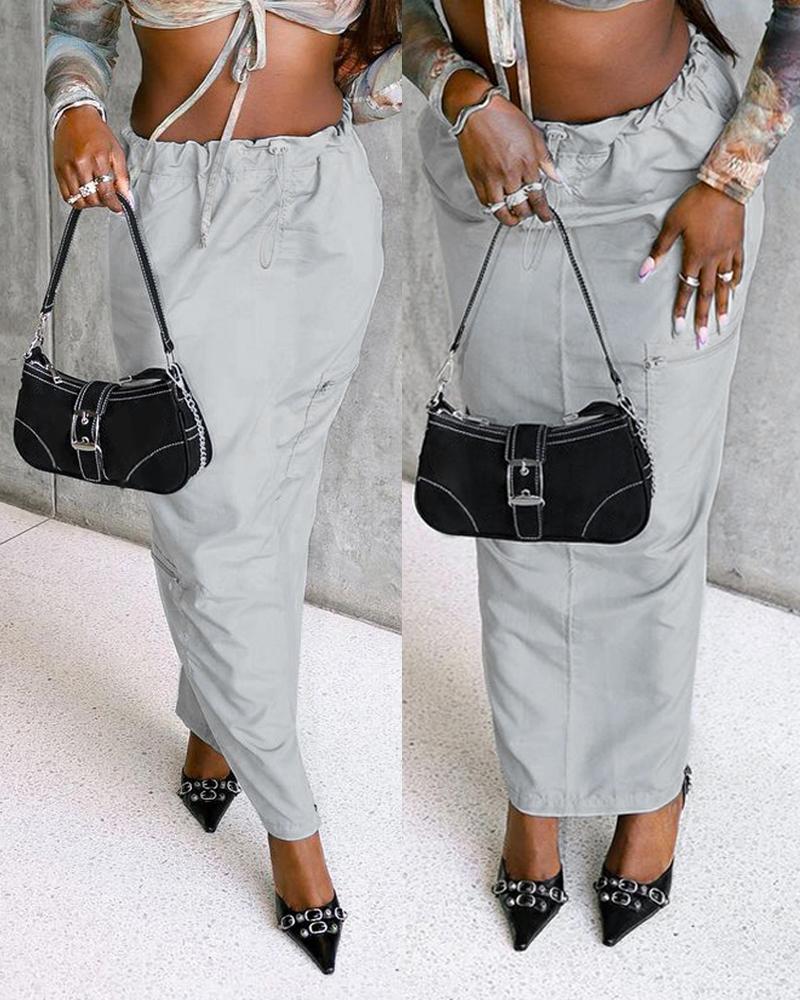 

Pocket Design Drawstring Casual Skirt, Gray