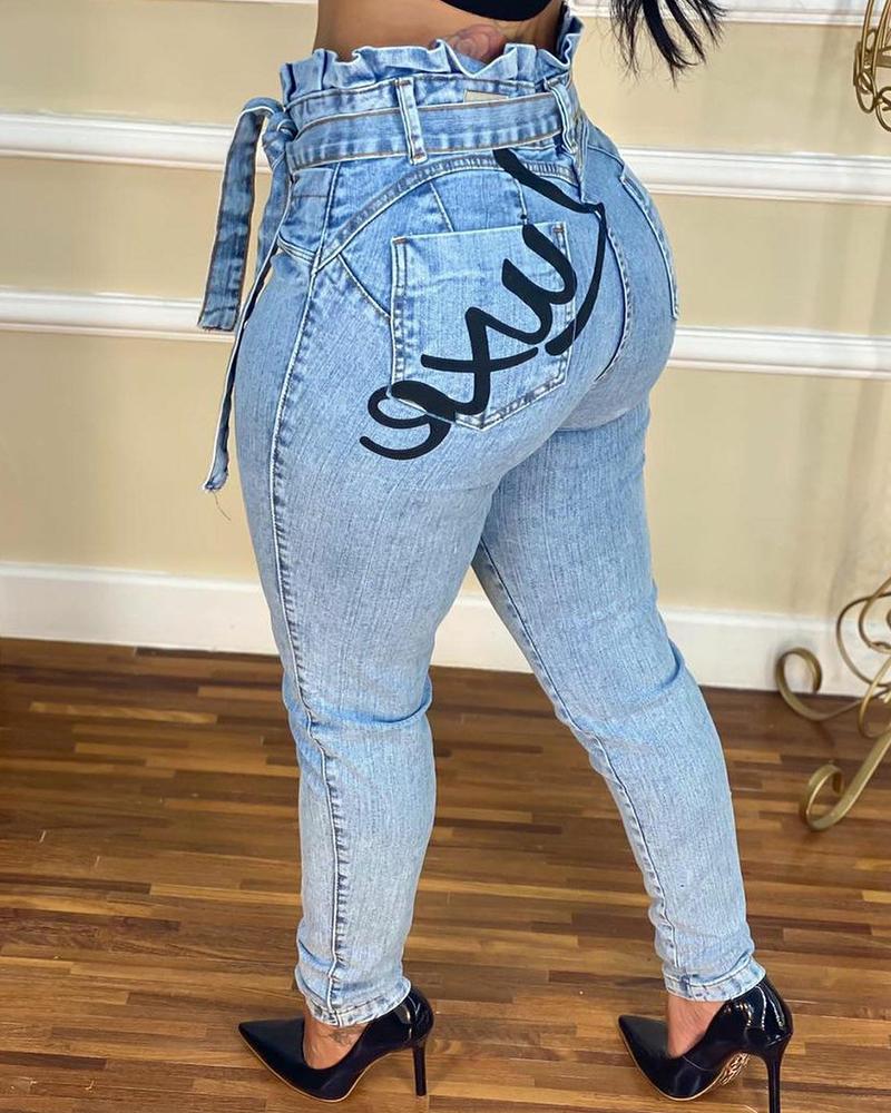 

Letter Print Frill Hem Belted Skinny Jeans, Blue