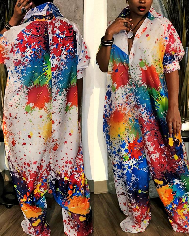 

Plus Size Ink Splash Print Button Front Jumpsuit, Multicolor