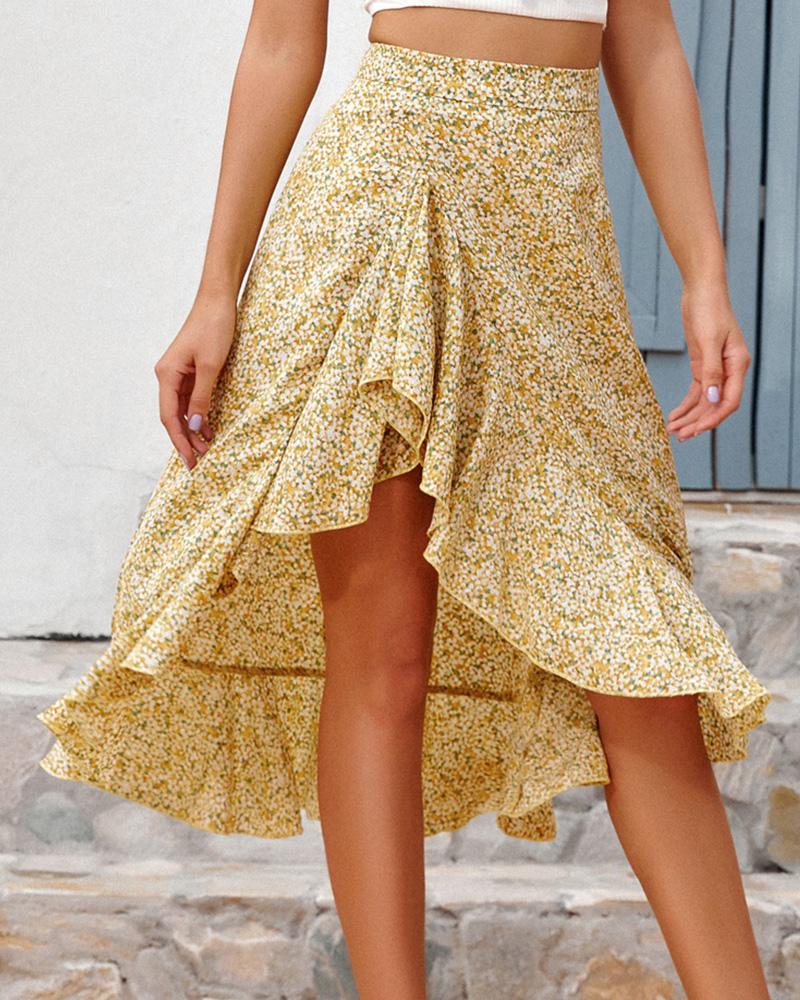 

Floral Print Slit Ruffles Hem Skirts, Yellow