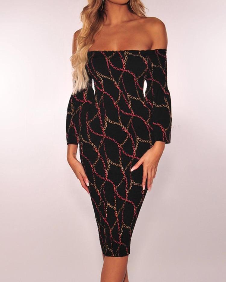 

Chains Print Off Shoulder Midi Dress, Red