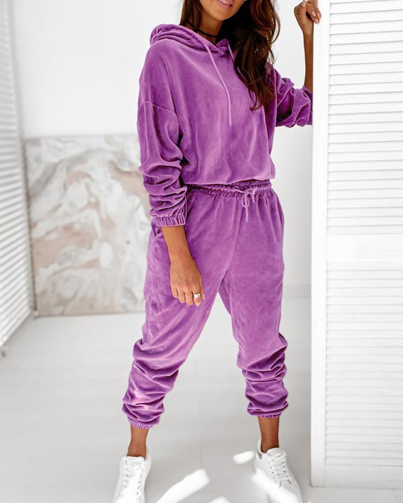 

Solid Velvet Drop Shoulder Drawstring Hoodie & Pants Set, Purple