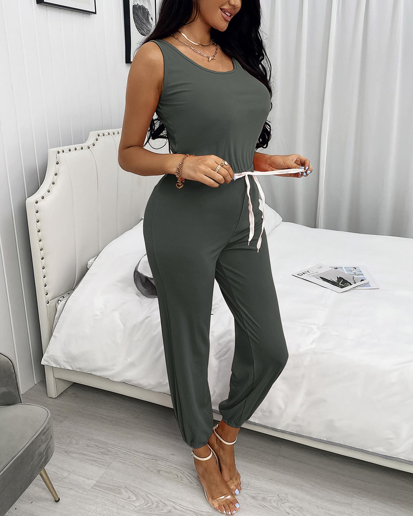 

Thick Strap Drawstring Casual Jumpsuit, Army green