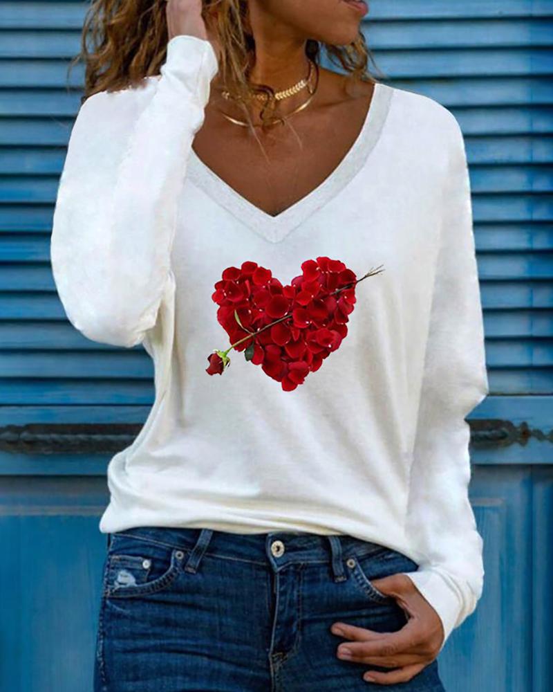

Valentine' Day Rose Heart Print Long Sleeve Top, White