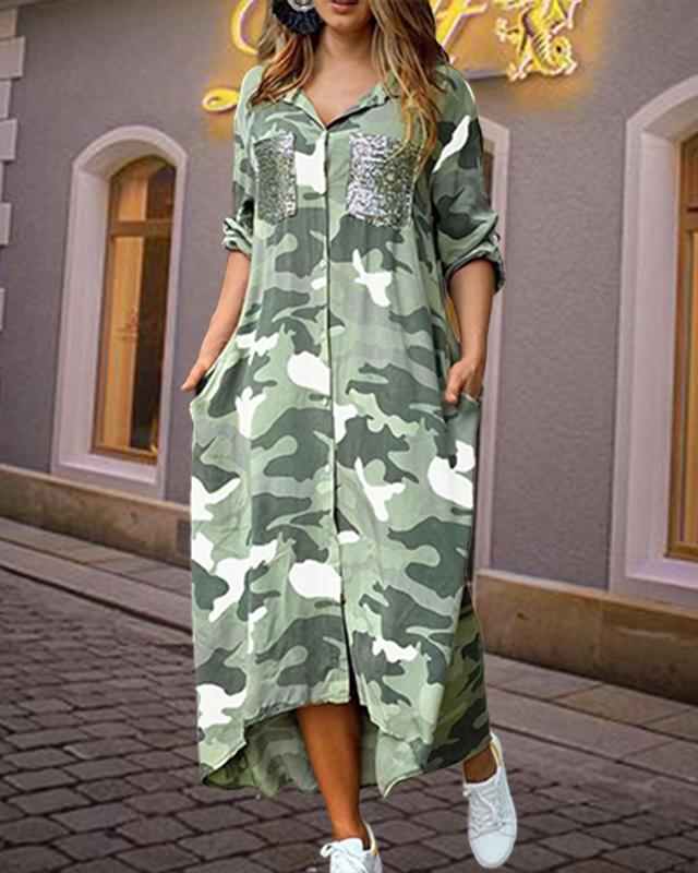 

Camouflage Print Sequins Pocket Design Maxi Dress, Green