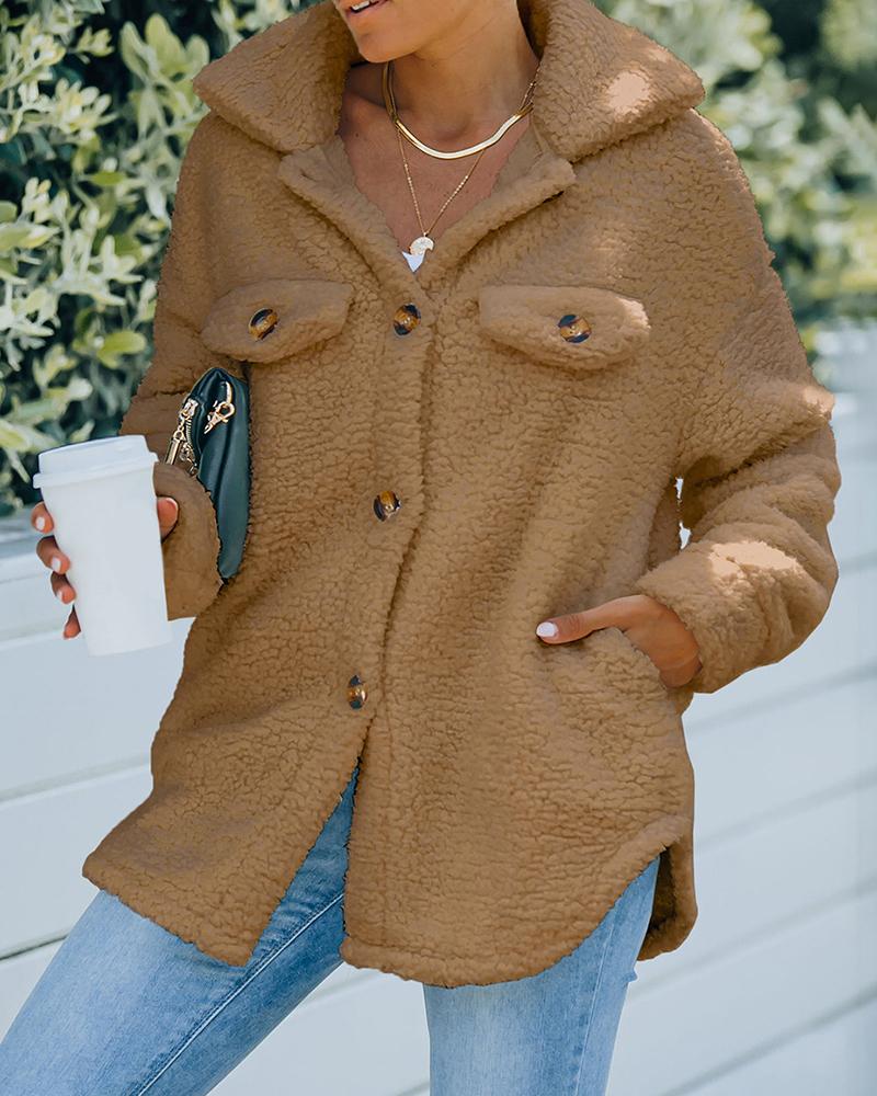 

Pocket Button Design Long Sleeve Fluffy Coat, Khaki