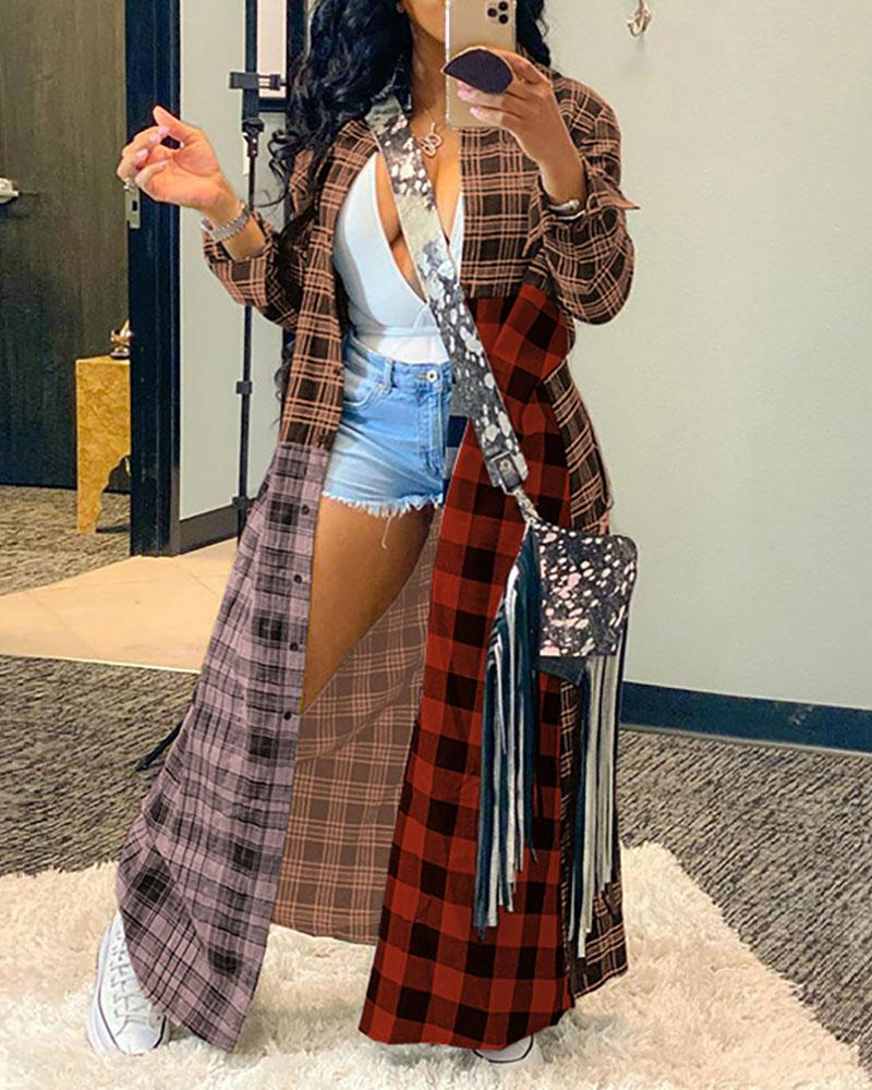 

Plaid Print Long Sleeve Longline Coat, Coffee