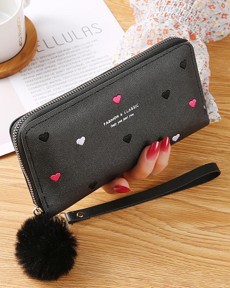 

Heart Pattern Pom Pom Zipper Purse, Black