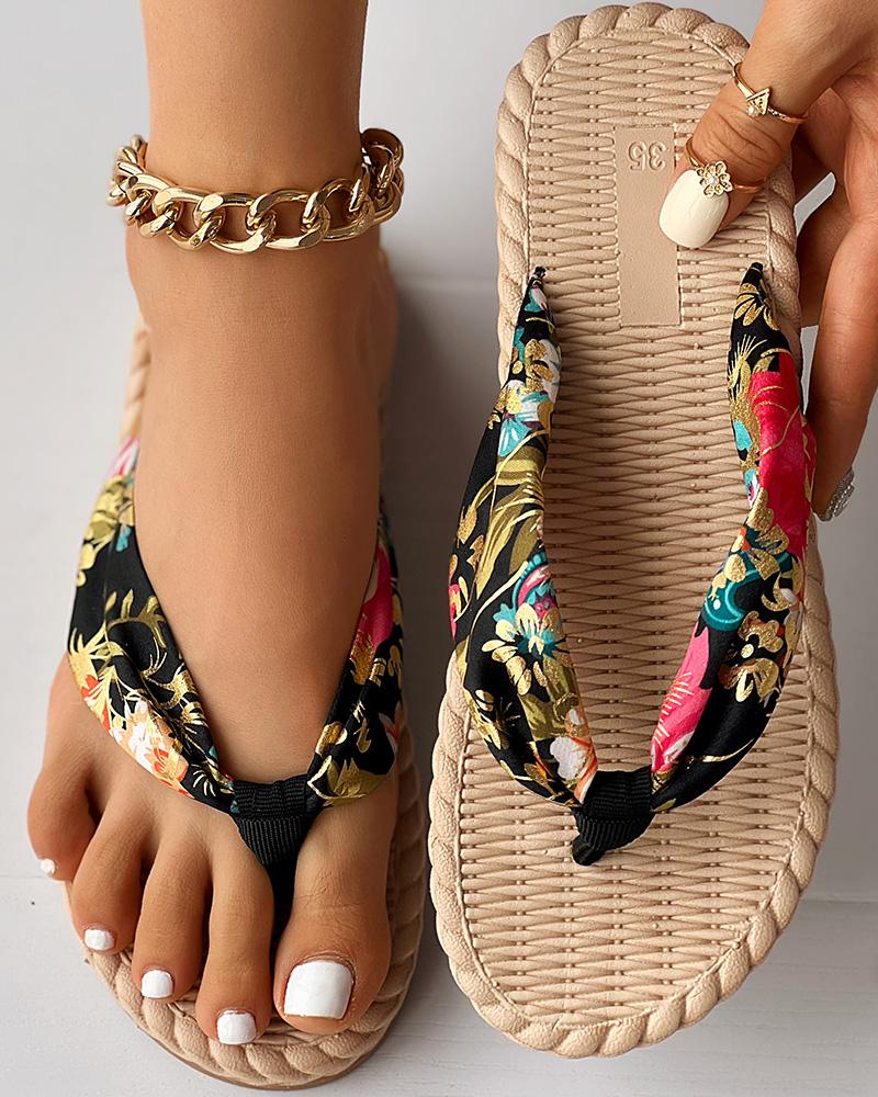 

Floral Print Toe Post Beach Flip Flops, Black