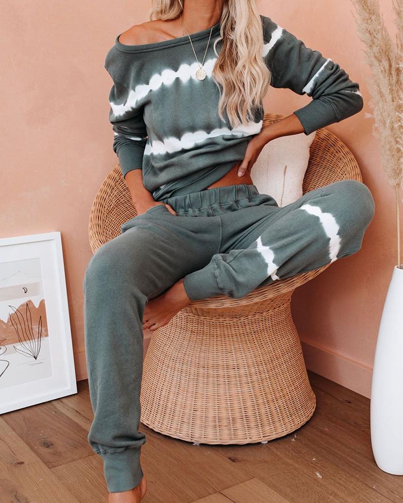 

Tie Dye Print Long Sleeve Top & Pants Set, Dark green