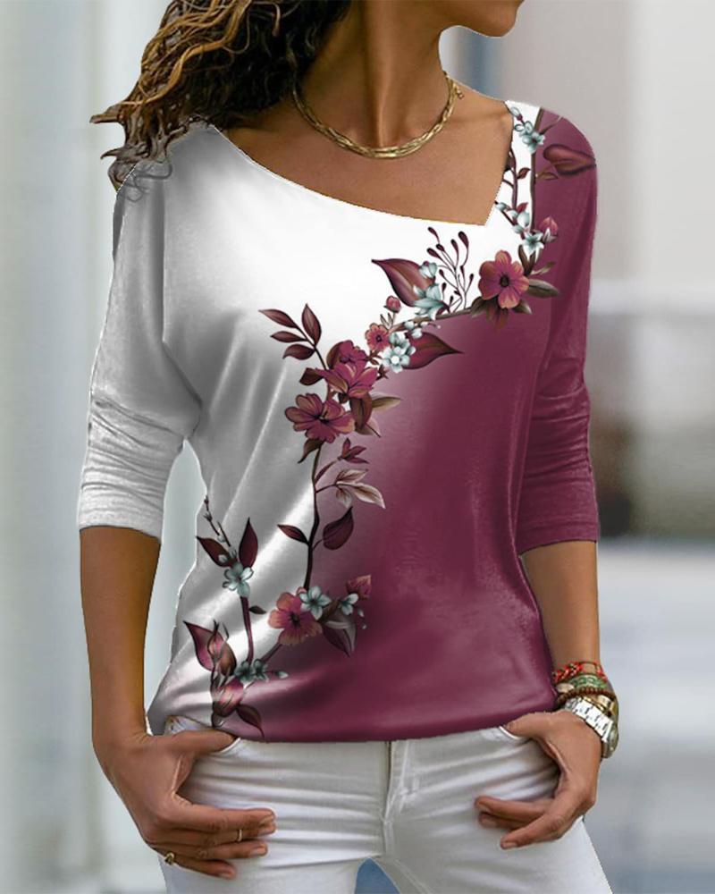 

Floral Print Asymmetrical Neck Long Sleeve Top, Purple