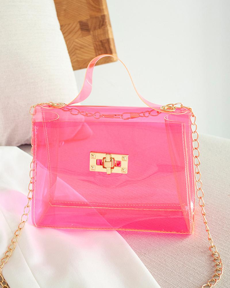 

Clear Twist Lock Chain Strap Flap Crossbody Bag, Pink