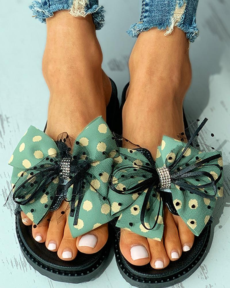 

Polkadot Bowknot Decor Studded Flat Sandals, Green