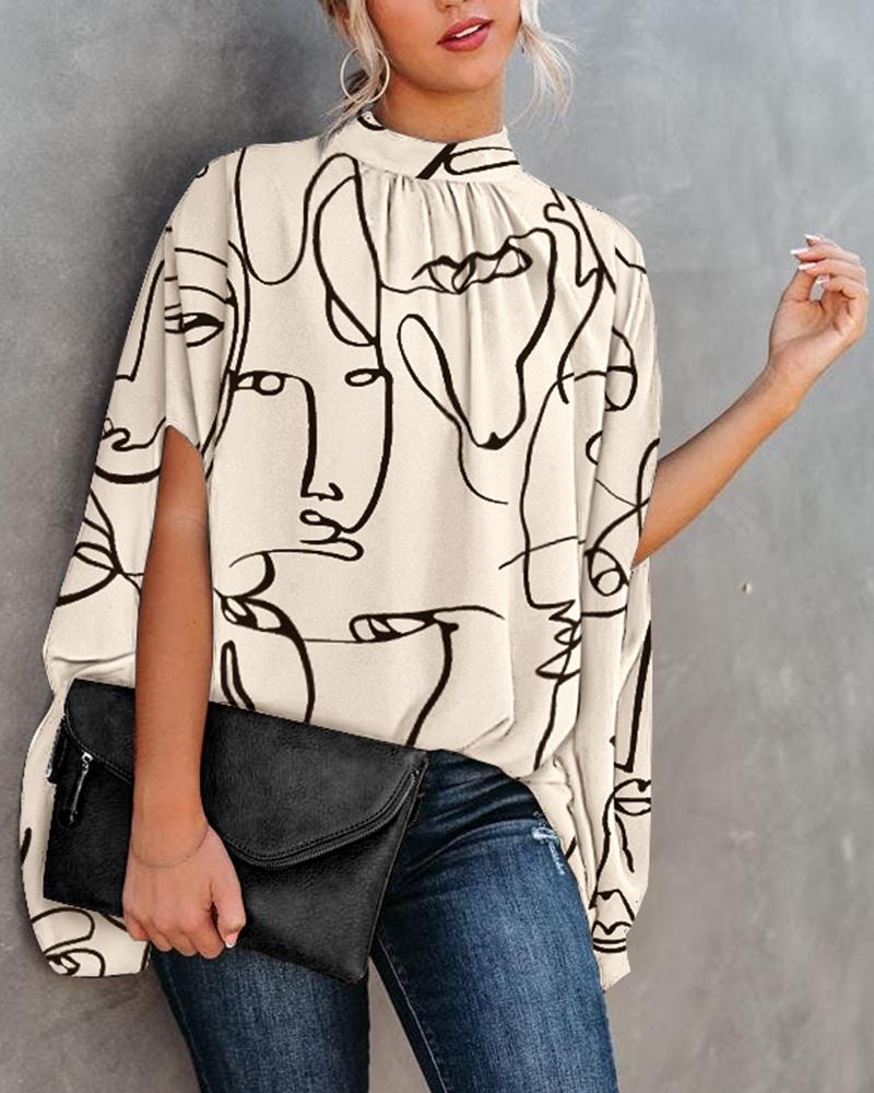 

Abstract Figure Print Batwing Sleeve Cape Design Top, Beige