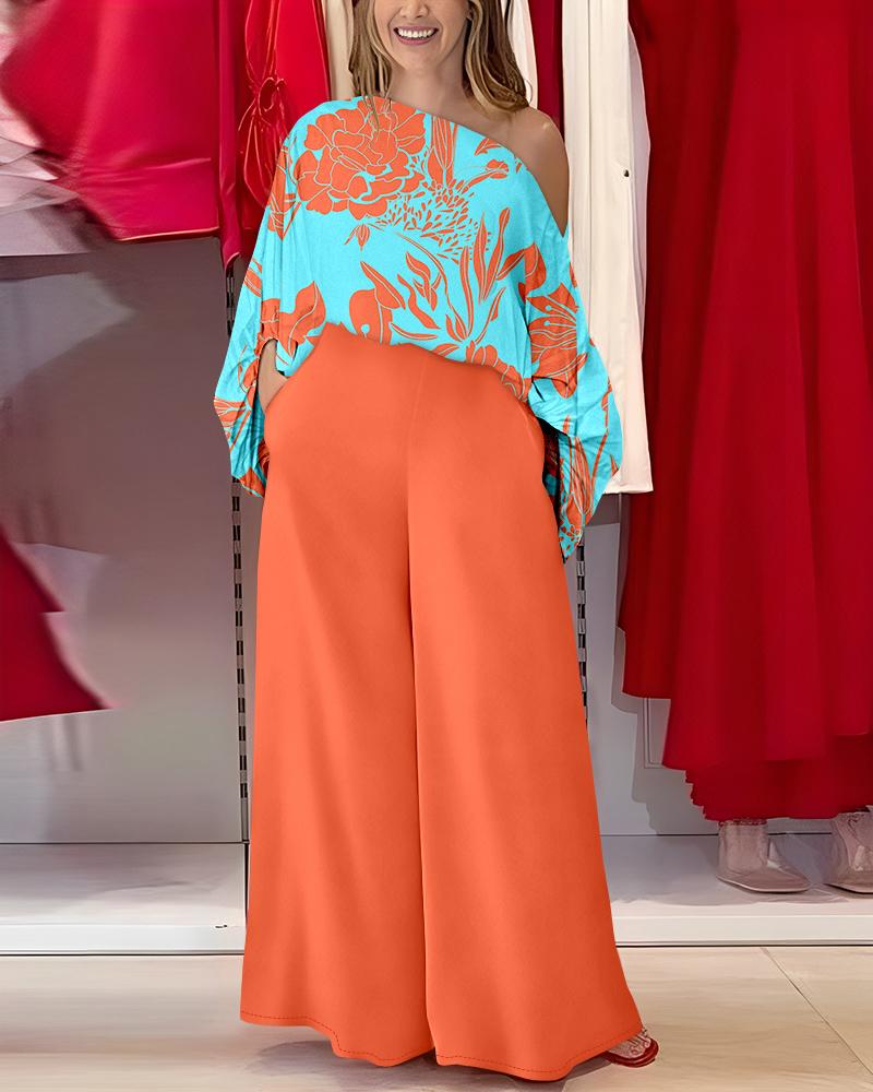 

Ensemble haut à col asymétrique et pantalon à jambes larges imprimé plantes, Orange