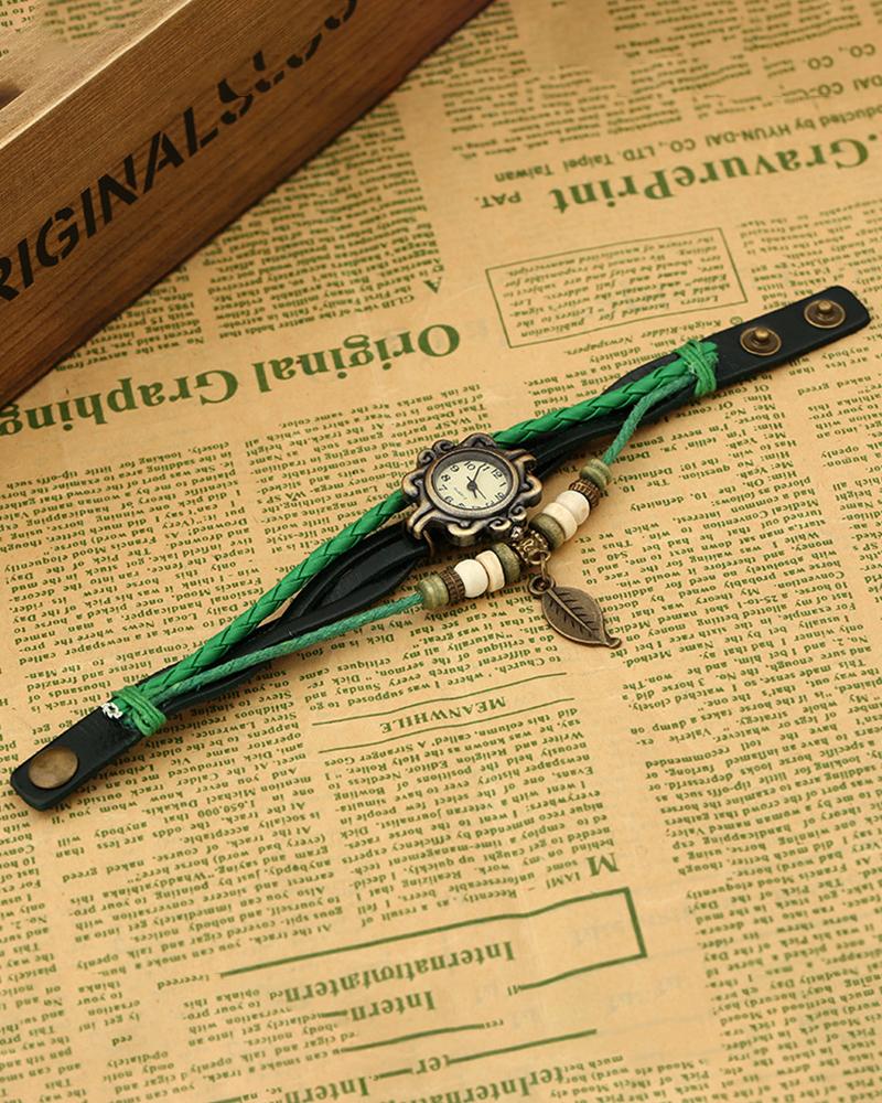 

1pc Braided Leaf Pattern Beaded Bohemian Wrap Around Watch, Green