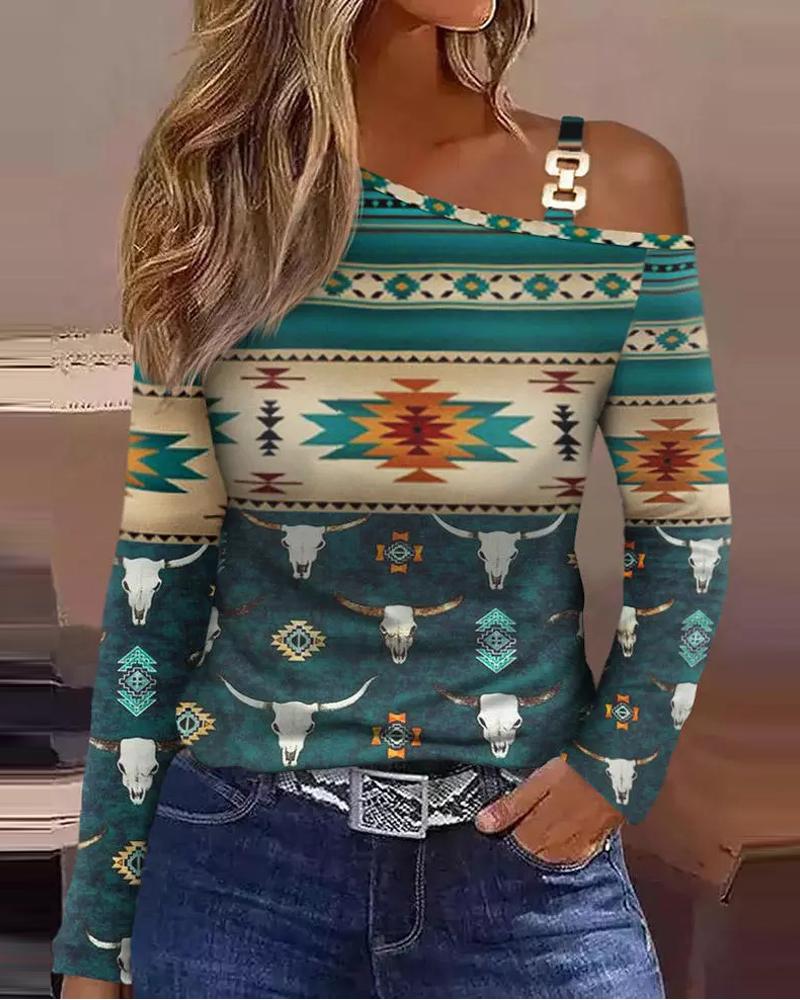 

Aztec Geometric Print Cold Shoulder Top, Green