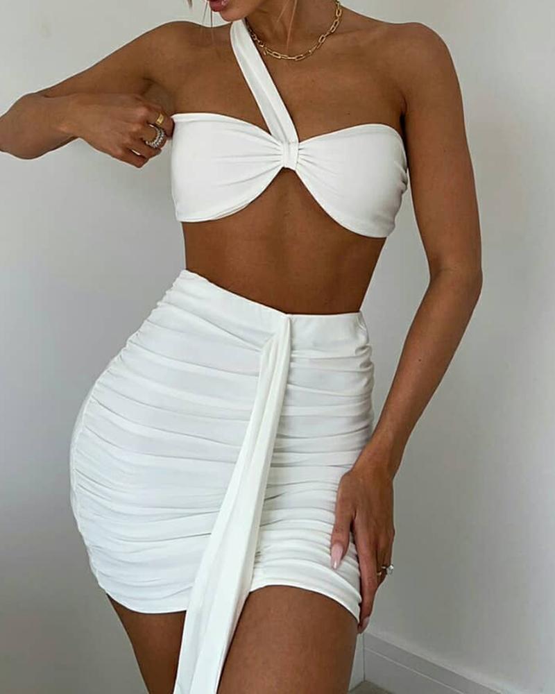 

One Shoulder Crop Top & Ruched Skirt Set, White