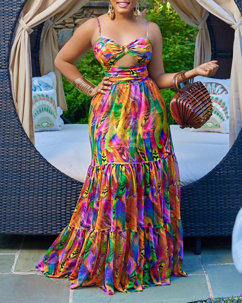 

Abstract Print O-Ring Cutout Cami Maxi Dress, Multicolor