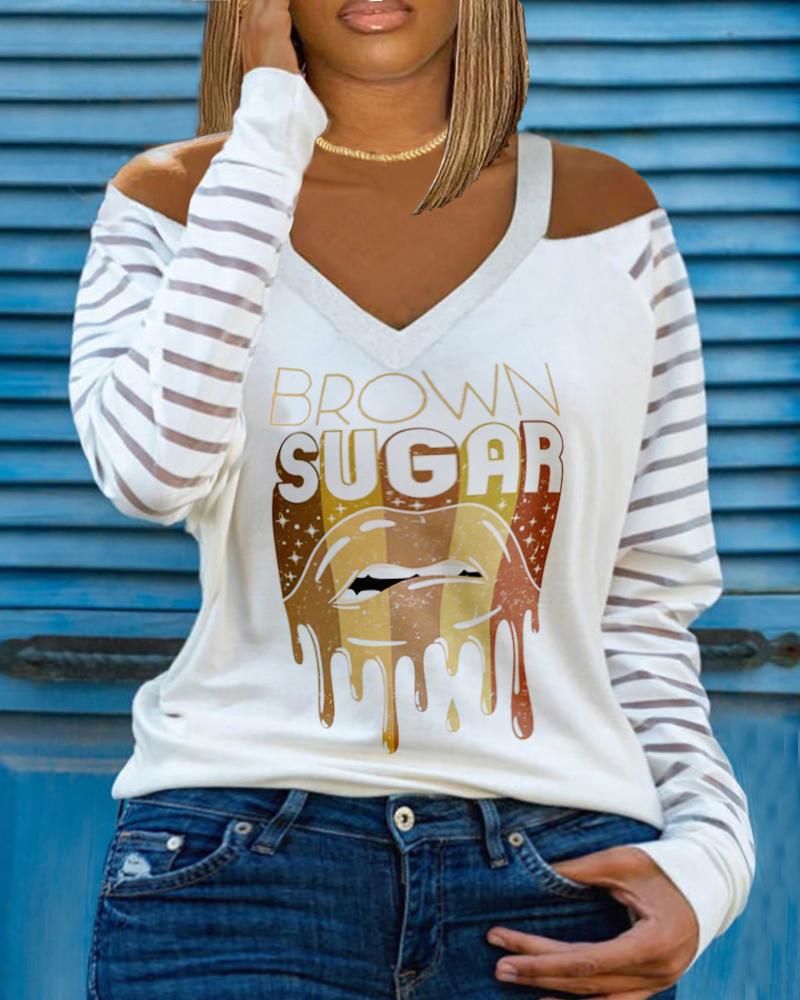 

Brown Sugar Lip Print Cold Shoulder Mesh Patch Top, White