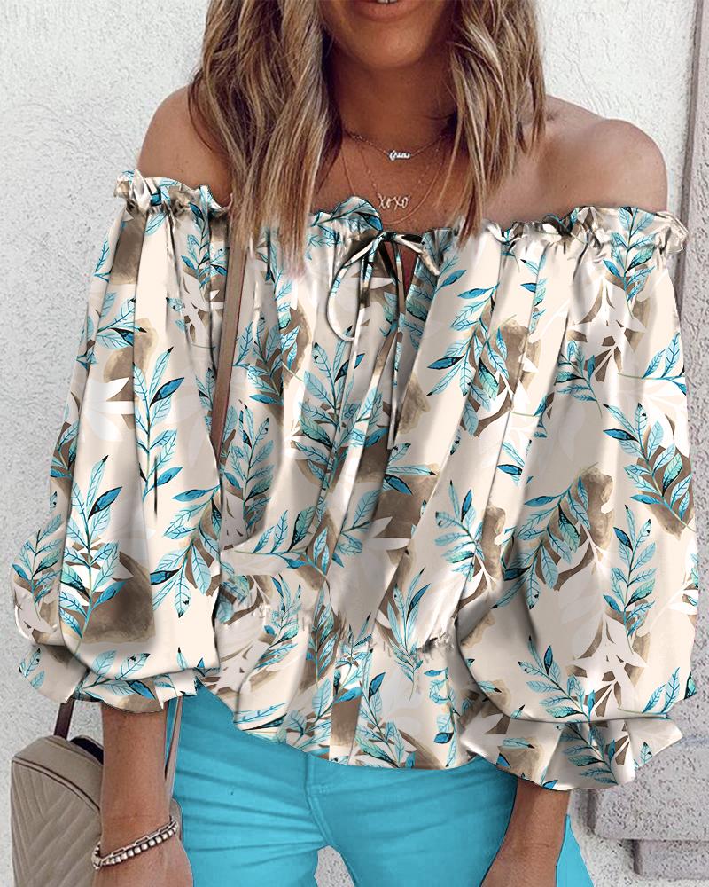 

Off Shoulder Floral Print Lantern Sleeve Top, Multicolor