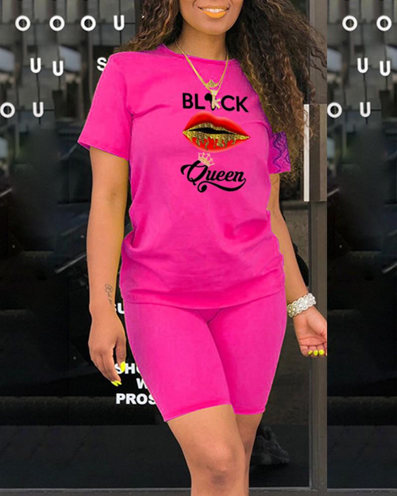 

Lip & Letter Print Short Sleeve T-shirt With Short Pants Suit Sets, Hot pink