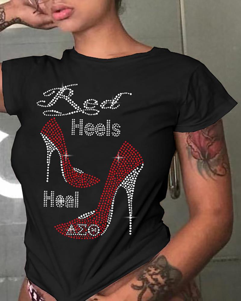 

Rhinestone Heels Letter Pattern T-shirt, Black