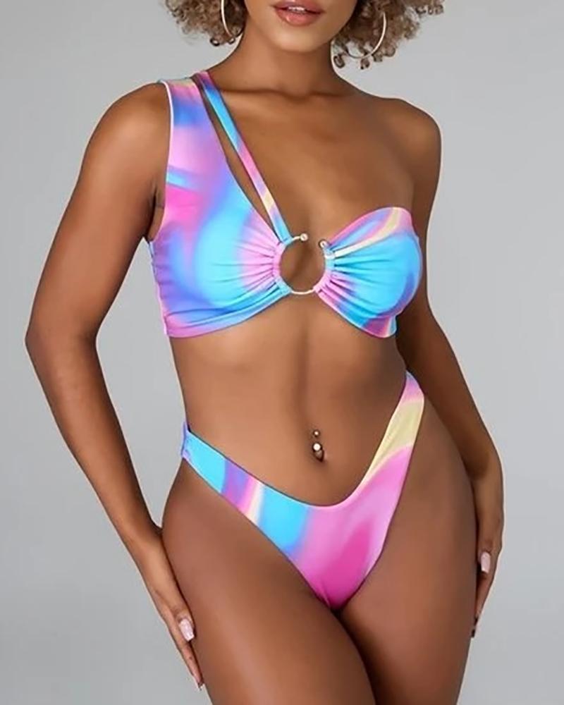 

Tie Dye Print O-Ring One Shoulder Bikini Sets, Blue