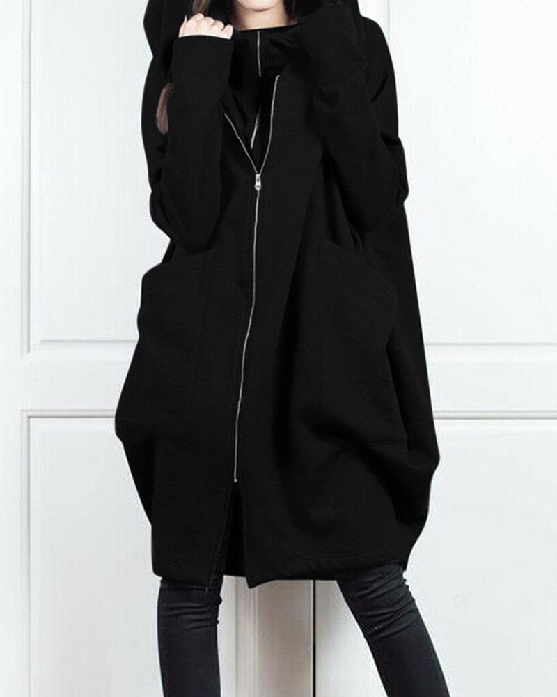 

Fake Two-Piece Zip Front Long Sleeve Hoodie, Black