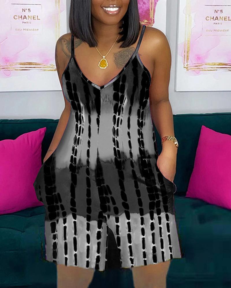 

Tie Dye Print Pocket Detail Spaghetti Strap Romper, Gray