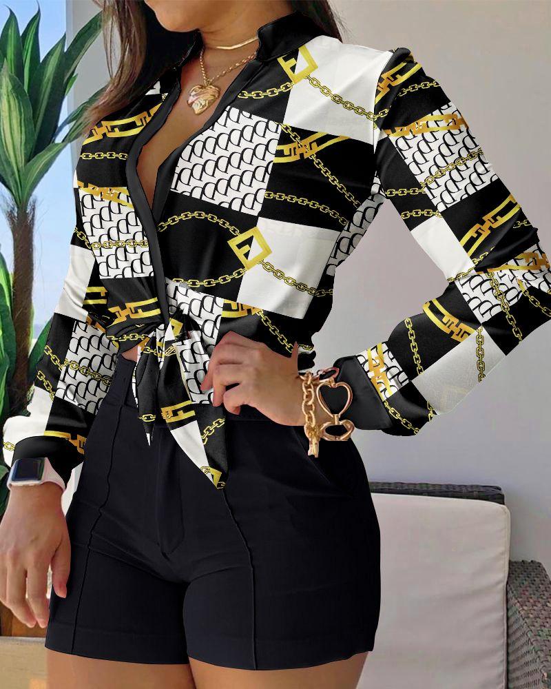 

Geometric Chain Print Button Down Shirt & Shorts Set, Black