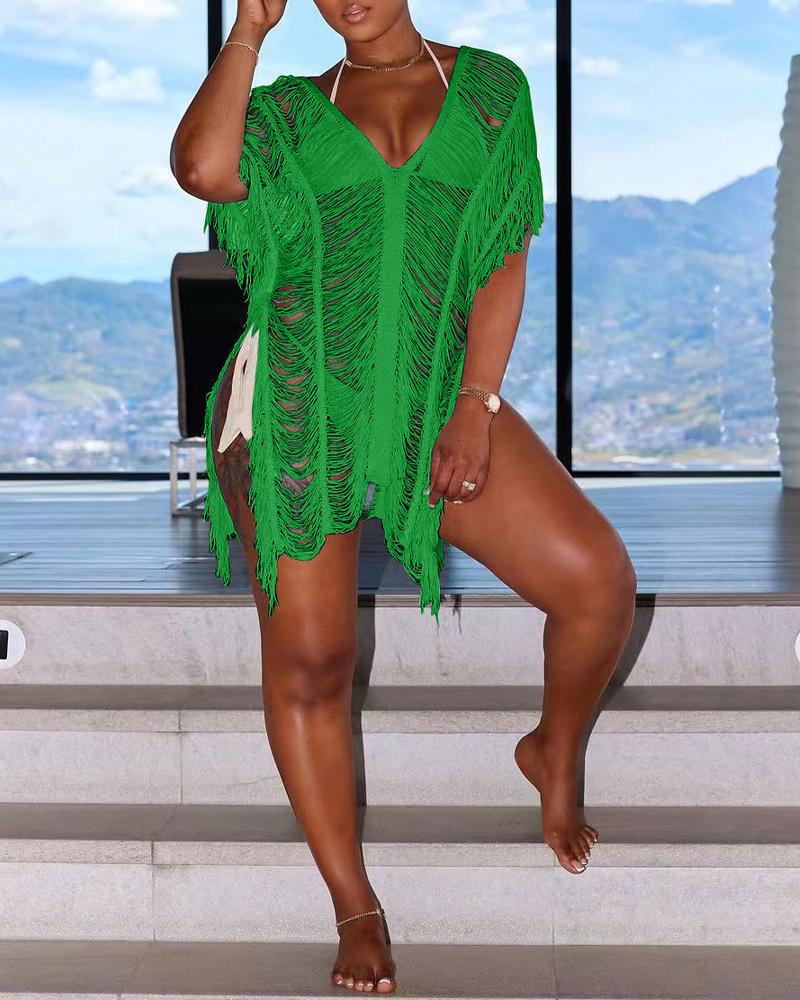 

Tassel Trim Hollow Out Crochet Cover Up Beach Dress, Green