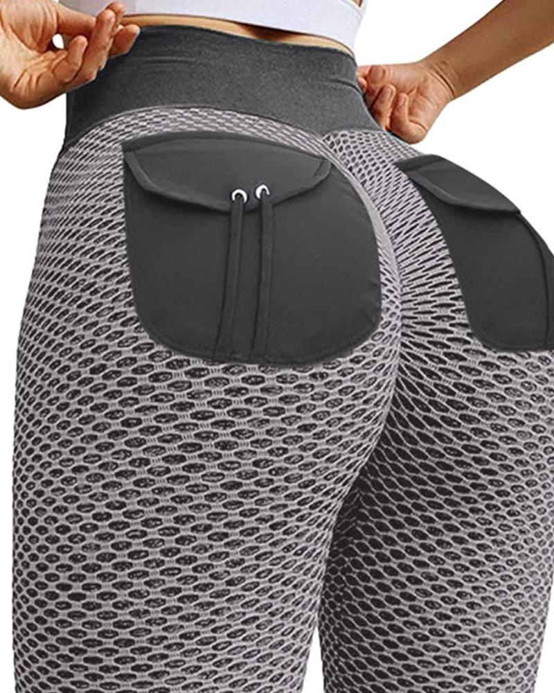 

Textured High Waist Butt Lifting Honeycomb Sports Yoga Pants, Gray