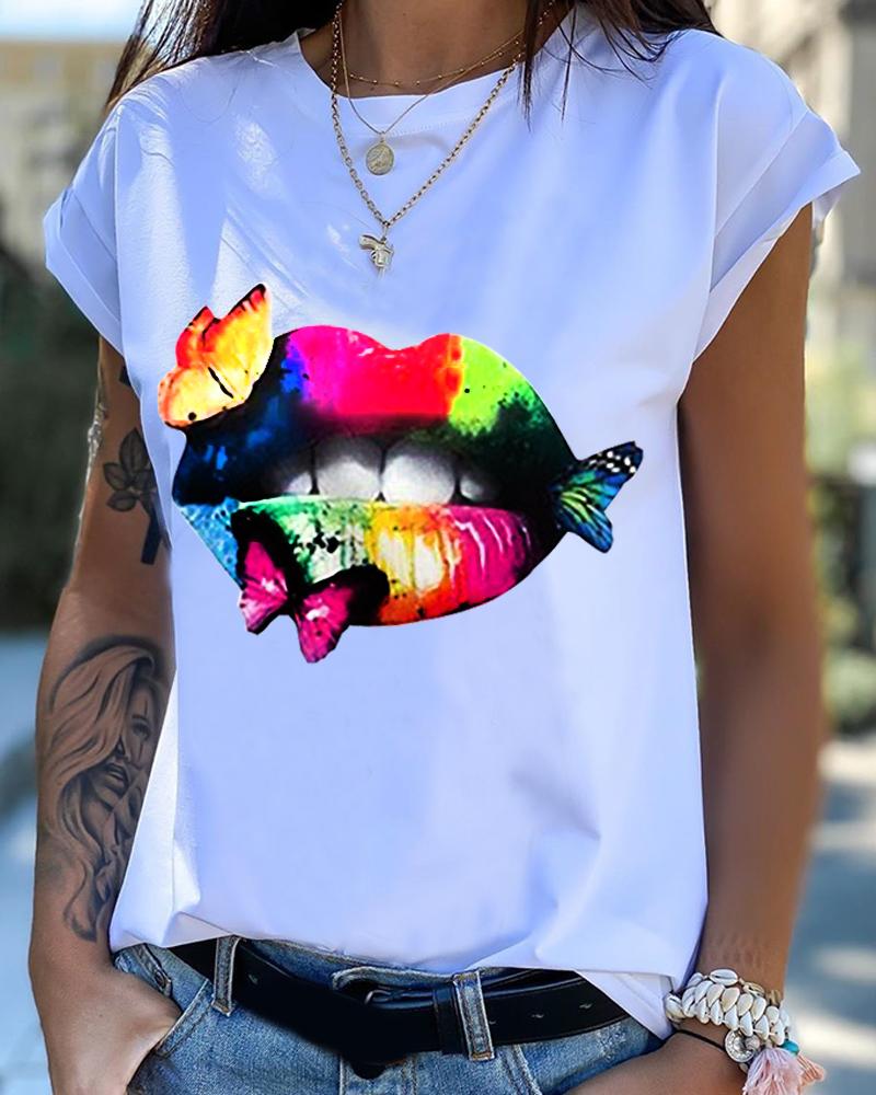 

Lip Butterfly Print Short Sleeve Casual T-shirt, White