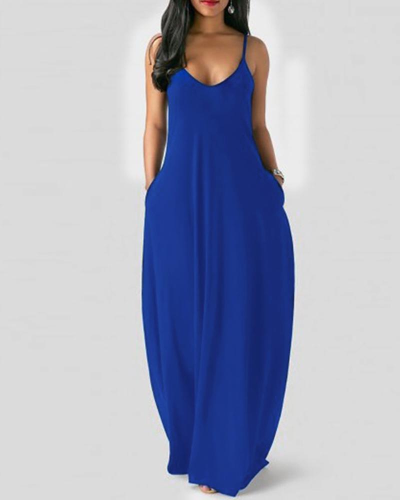 

Plus Size Pocket Design V-Neck Spaghetti Strap Maxi Dress, Dark blue