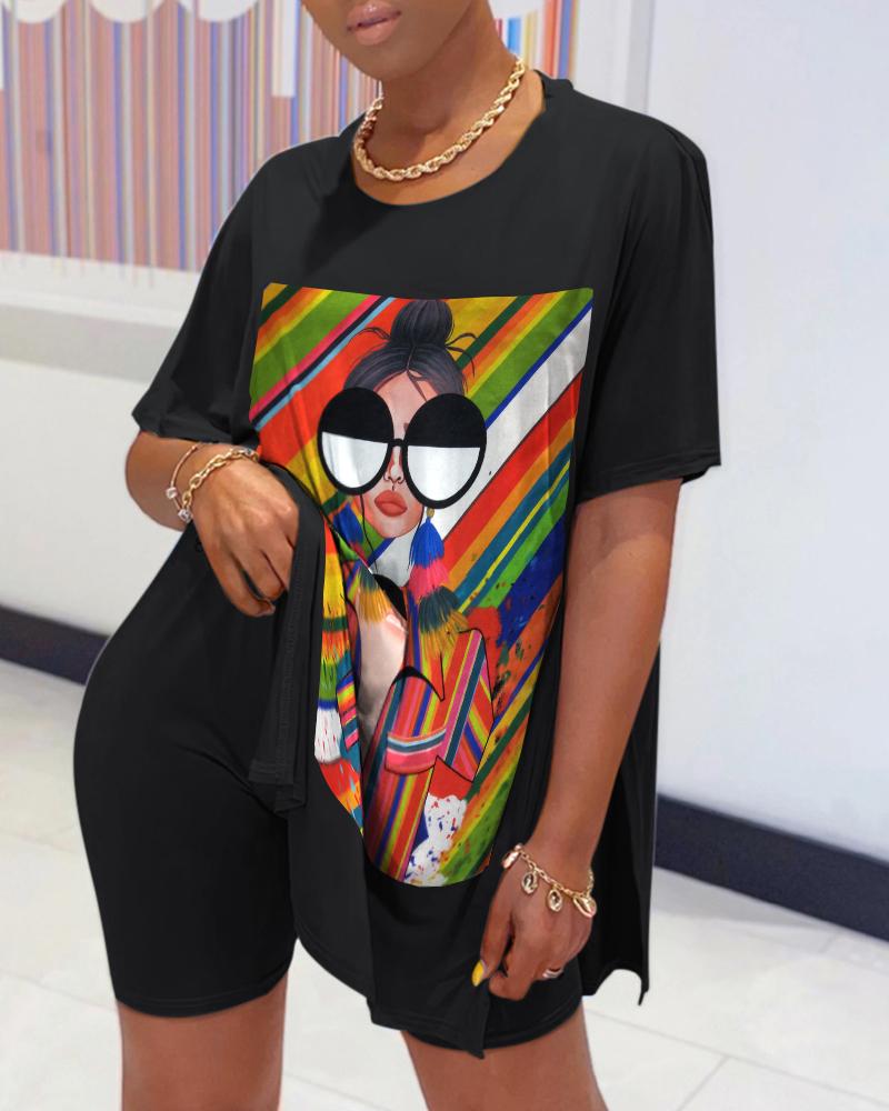 

Figure Print Short Sleeve Slit Top & Shorts Set, Black