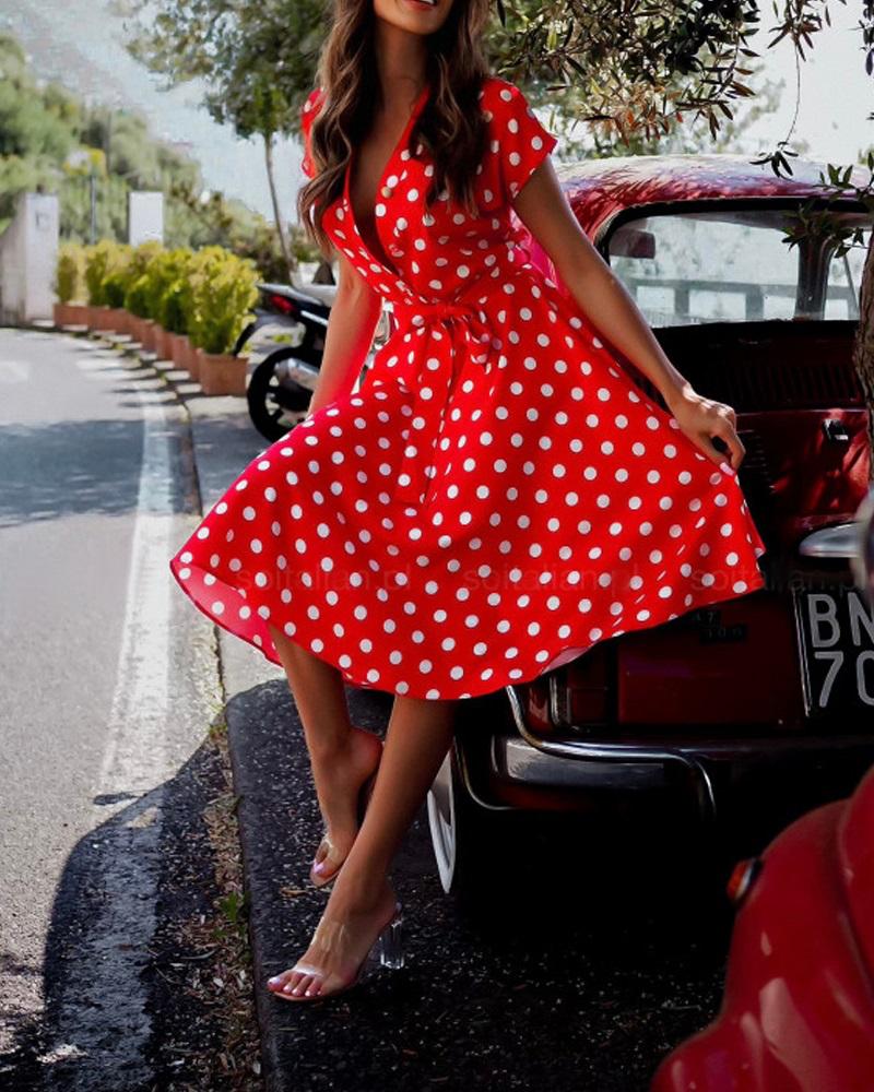

Button Front Polka Dot Print Dress, Red