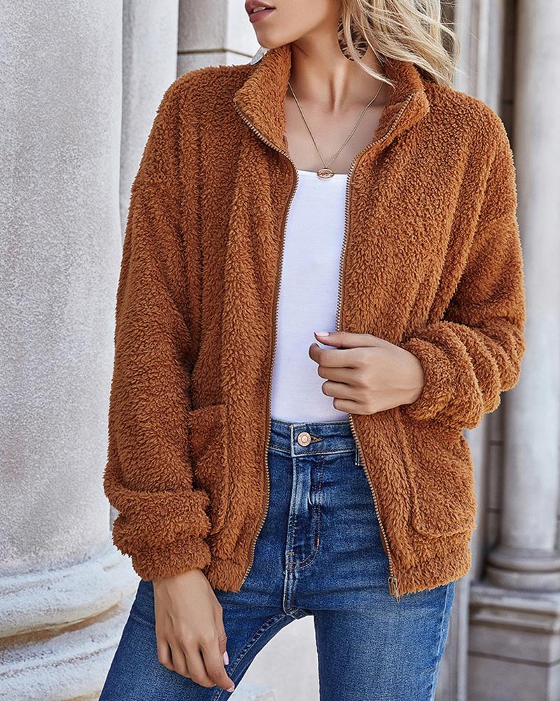 

High Neck Zipper Pocket Design Teddy Coat, Brown