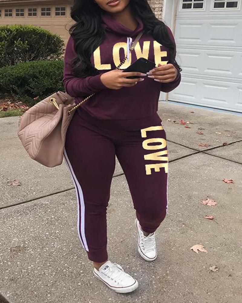 

Plus Size Letter Print Long Sleeve Top & Pants Set, Purple