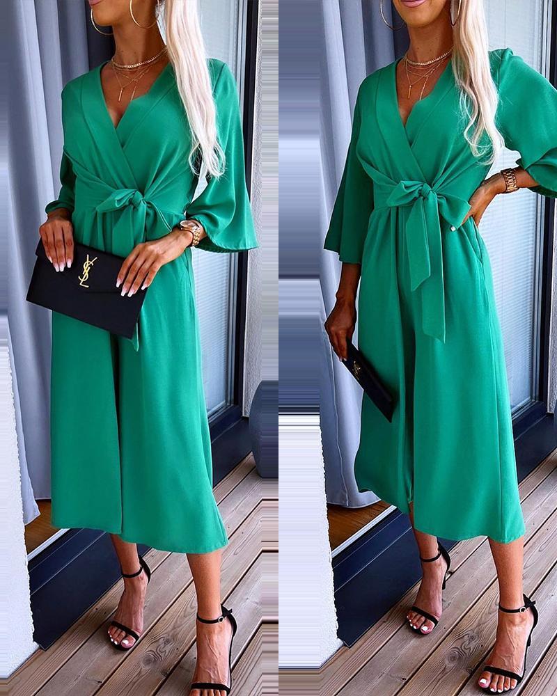 

Tied Detail Bell Sleeve Work Jumpsuit, Green