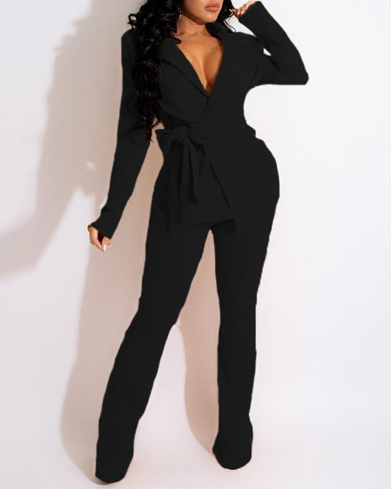 

Long Sleeve Blazer Coat & High Waist Pants Set, Black