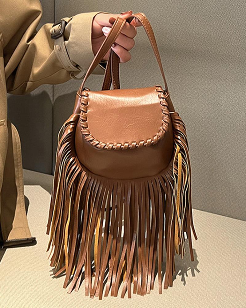 

Fashionable Tassel Design Magnetic Buckled Handbag, Brown