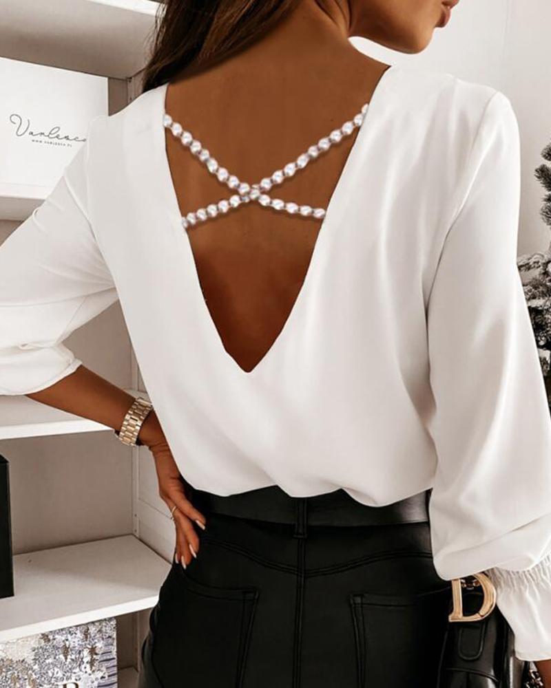 

Crisscross Pearls Decor V-Back Long Sleeve Top, White