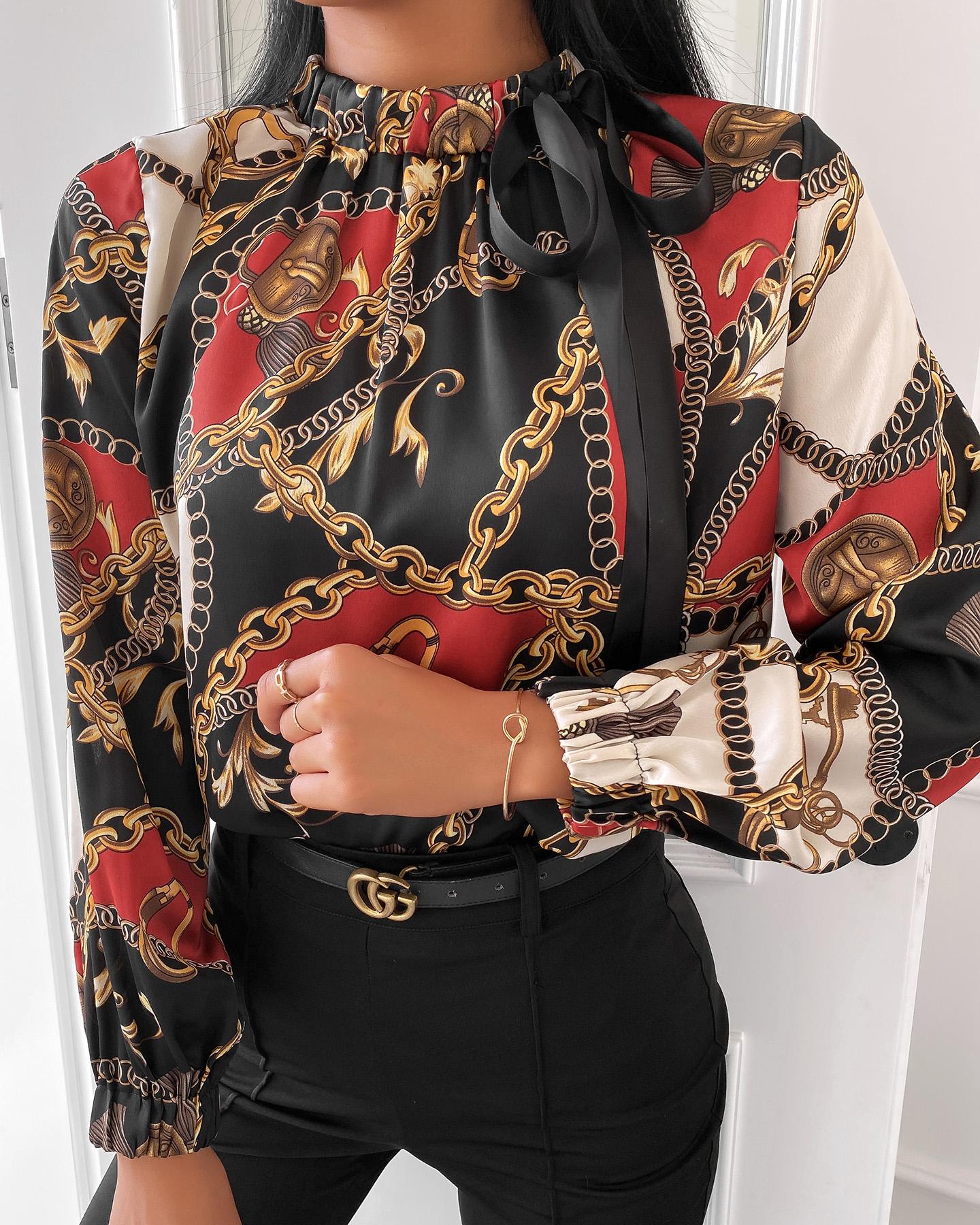 

Tie Neck Scarf Print Long Sleeve Blouse, Apricot