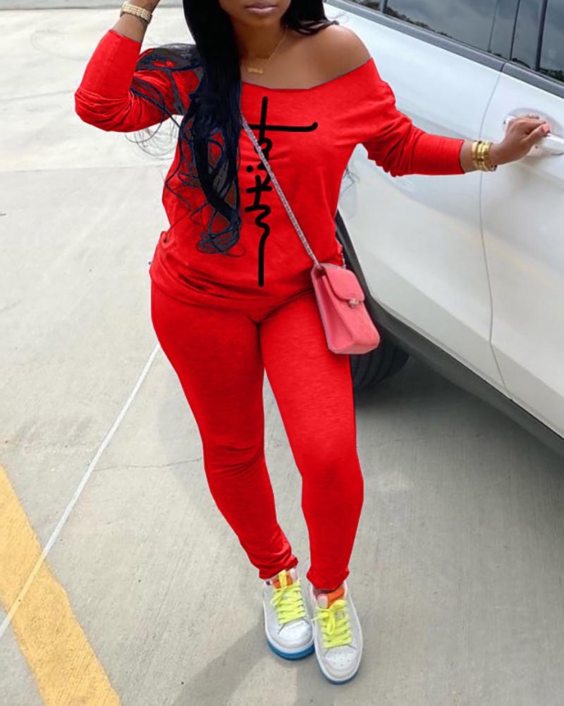 

Letter Print Long Sleeve Top & High Waist Pants Set, Red