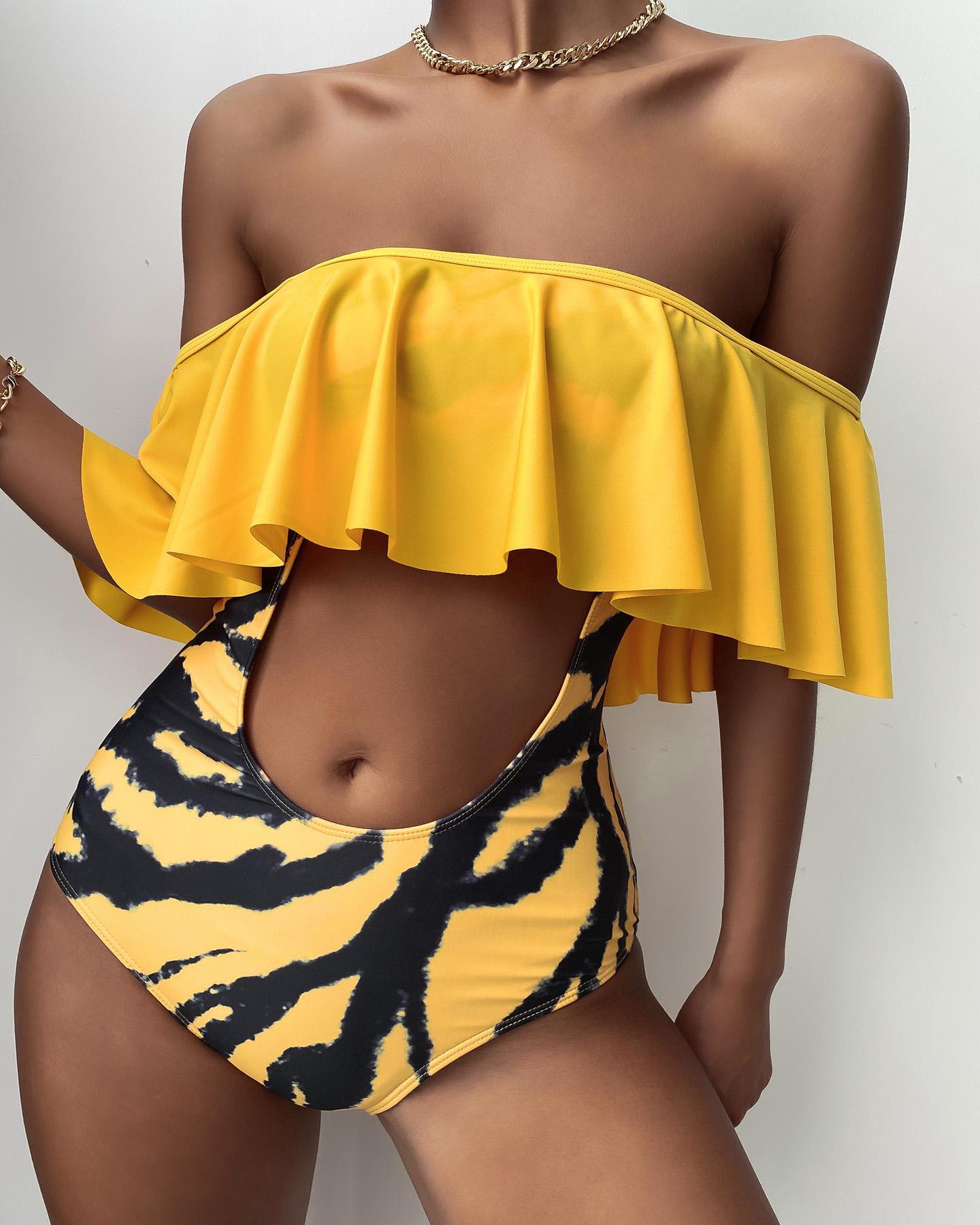 

Off Shoulder Ruffles Cheetah Print Cutout One Piece Swimsuit, Yellow