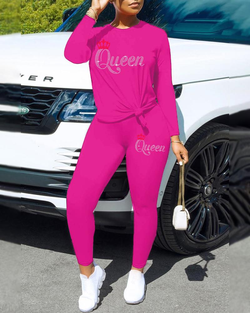 

Rhinestone Letter Crown Pattern Long Sleeve Top & Pants Set, Hot pink