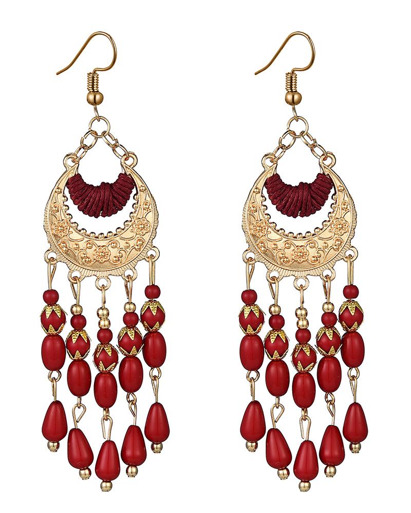 

1Pair Bohemian Floral Embossed Beaded Tassel Hook Earrings, Red